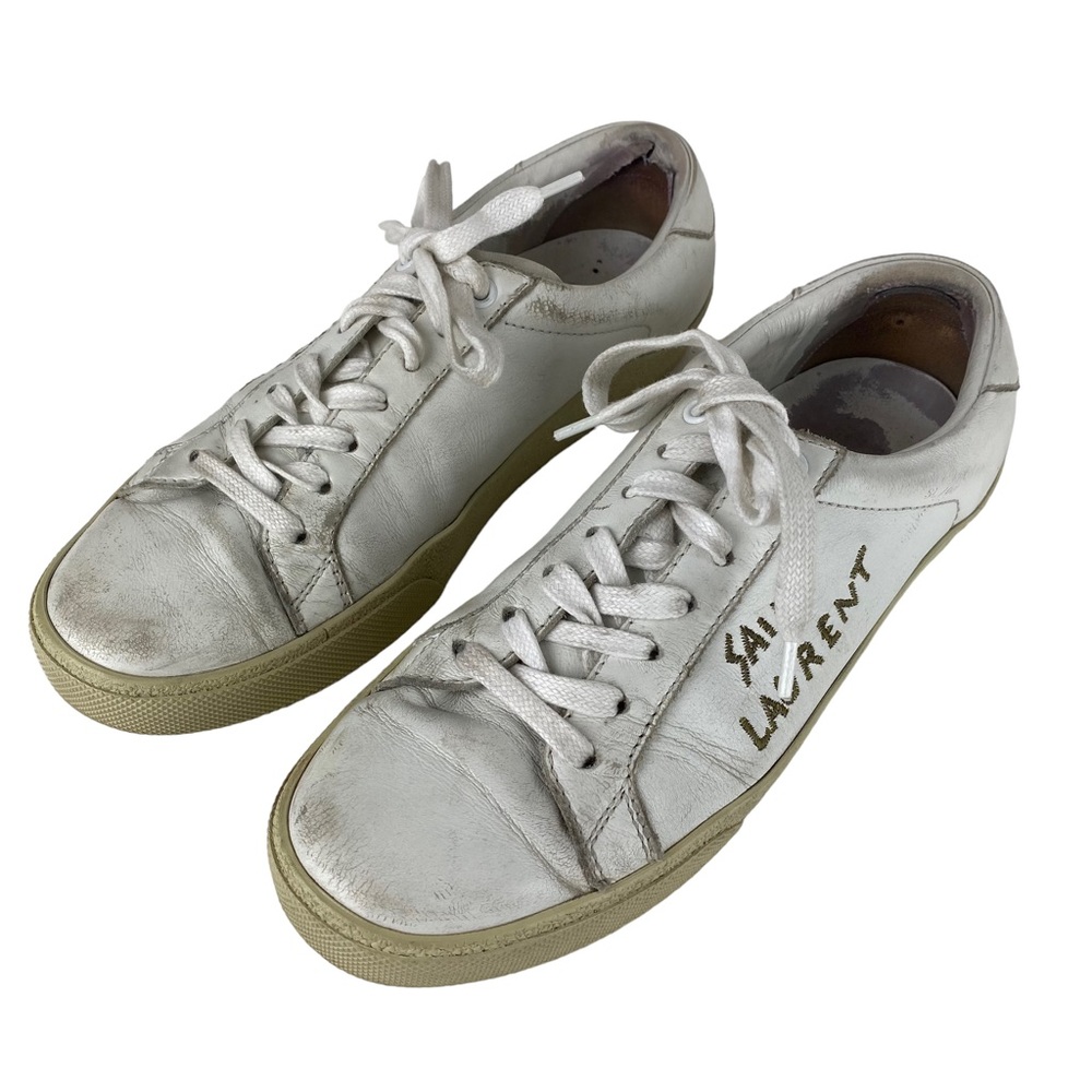 Saint Laurent White Leather Sneakers with Beige Soles